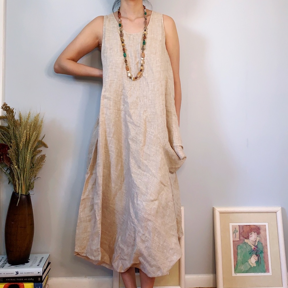Modern Sleeveless Tan 100% Linen Dress Medium
